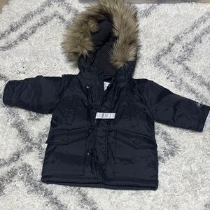 GAP Black Puffer Jacket with Faux Fur Hood